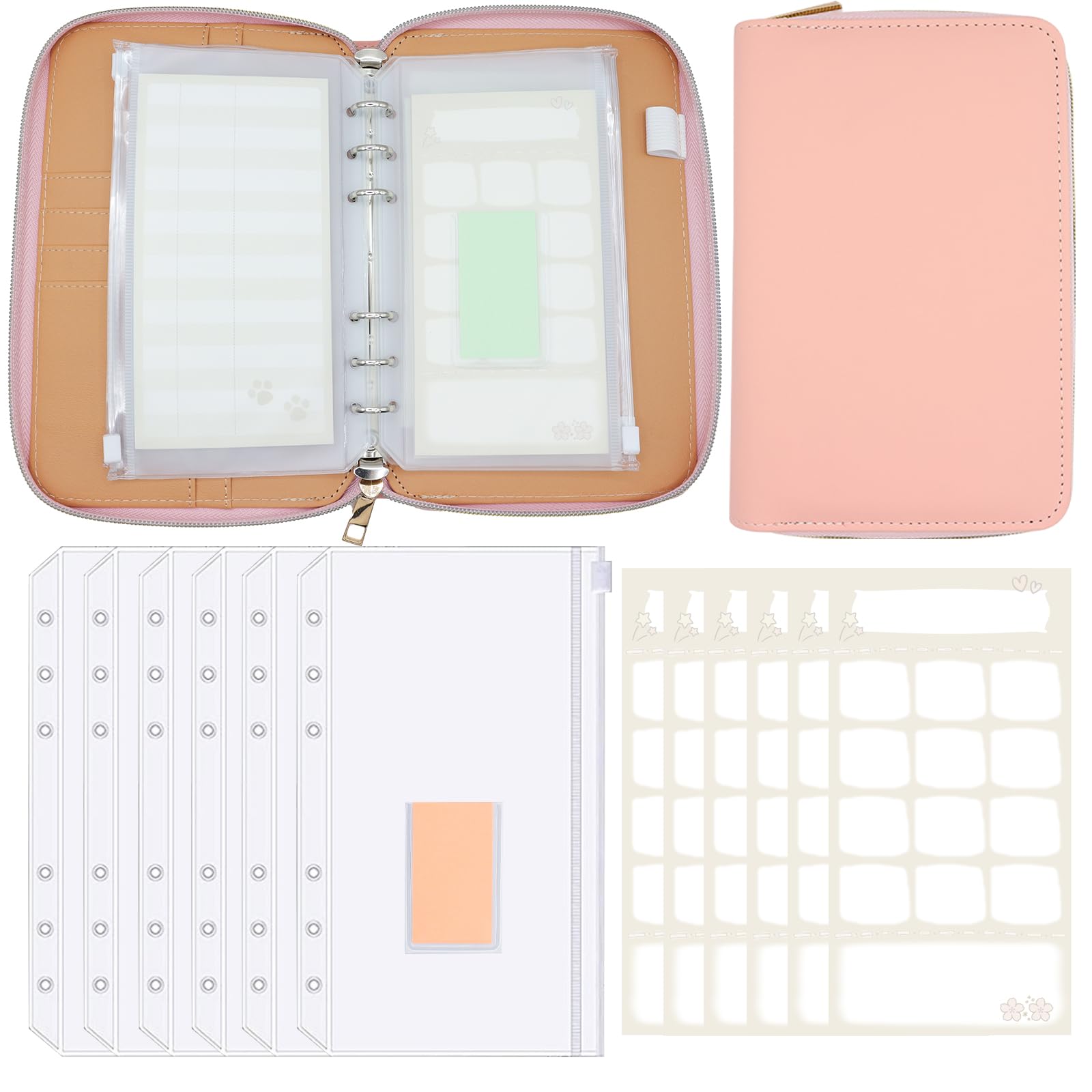 

Бытовой органайзер Petyume A6 на кольцах с карманом на молнии, включает карманы с бирками, блокнот для записей и раздельные конверты для денег и планирования бюджета, 6 отверстий и карманы для карточек, конверты, розовый