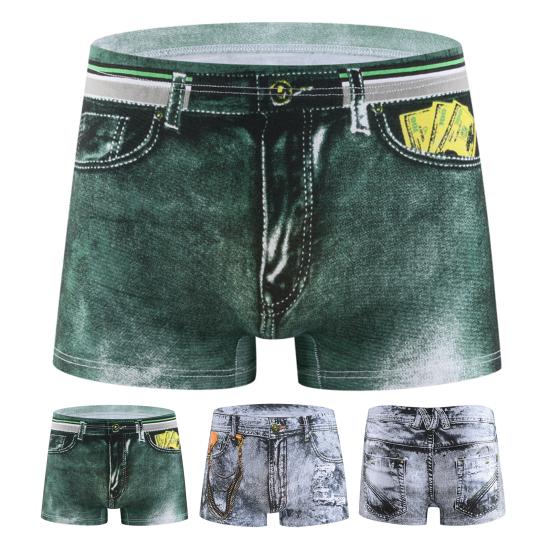 Herren-Boxerunterwäsche, mittelhoher Schnitt, Imitation von Jeans mit 3D-Druck, Shorts, Slips, elastische Wraps, U-konvexe Höschen