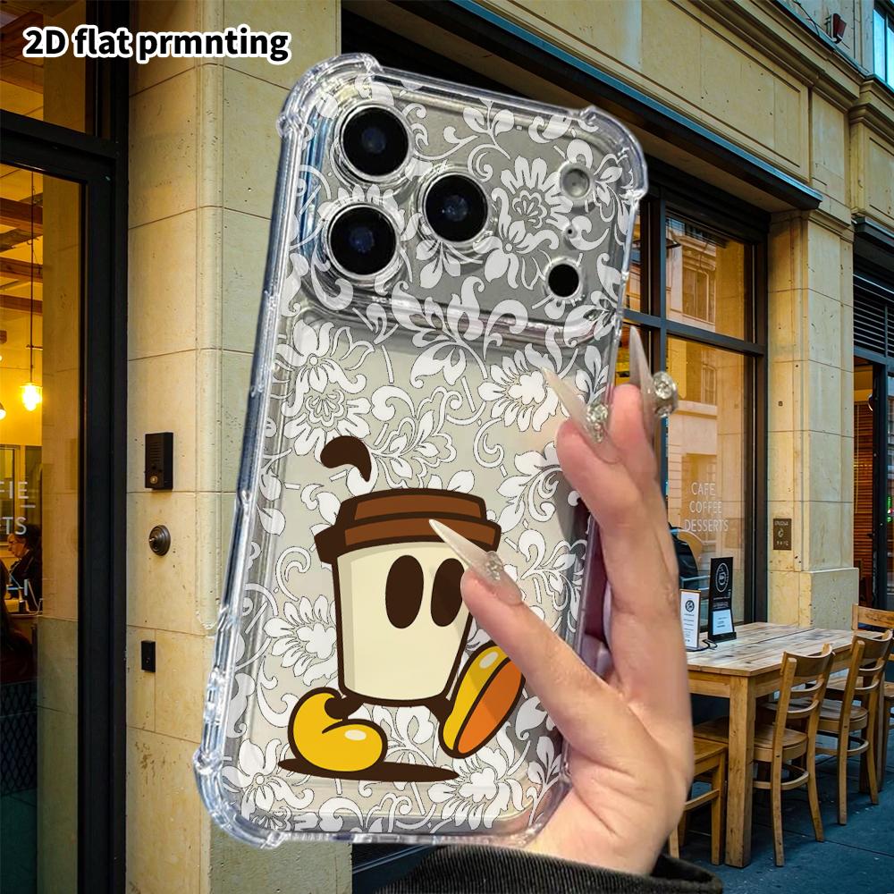 Phone Case: 2D Flat Suitable for iPhone 18 17 16 15 14 13 Pro, Transparent Corners Protective Case, Coffee Cup Cartoon, Christmas and Halloween Gifts