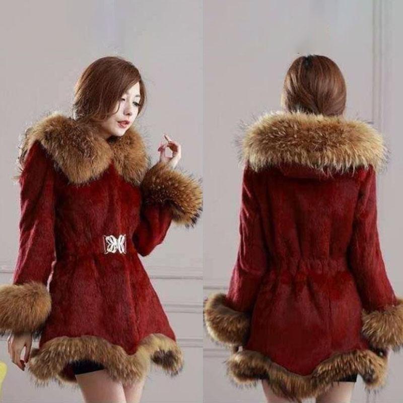 Fluffy Coat Autumn and Winter Faux Fur Coat Women Mid-length Warm Hooded Coat with Faux Fox Fur Collar Plus Size