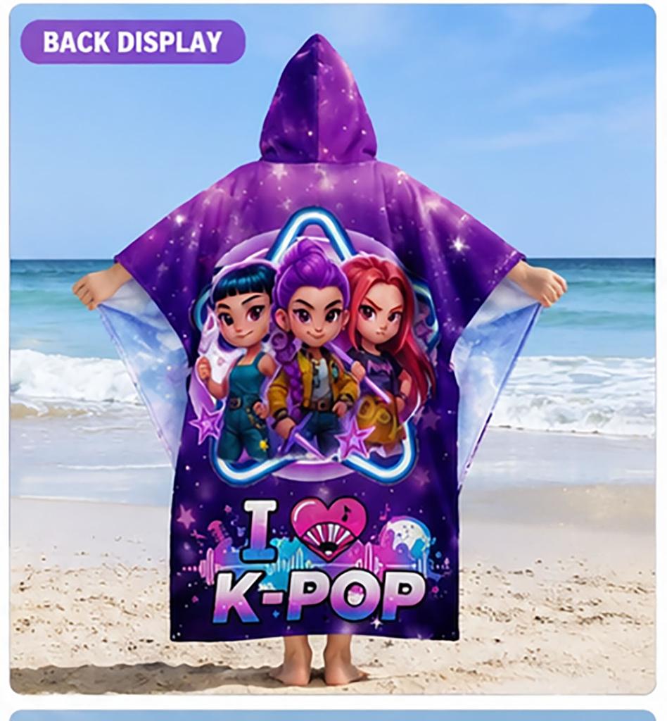 K-K-POP Kids Hooded Beach Towel, Purple Starry Girls Bath Robe Poncho