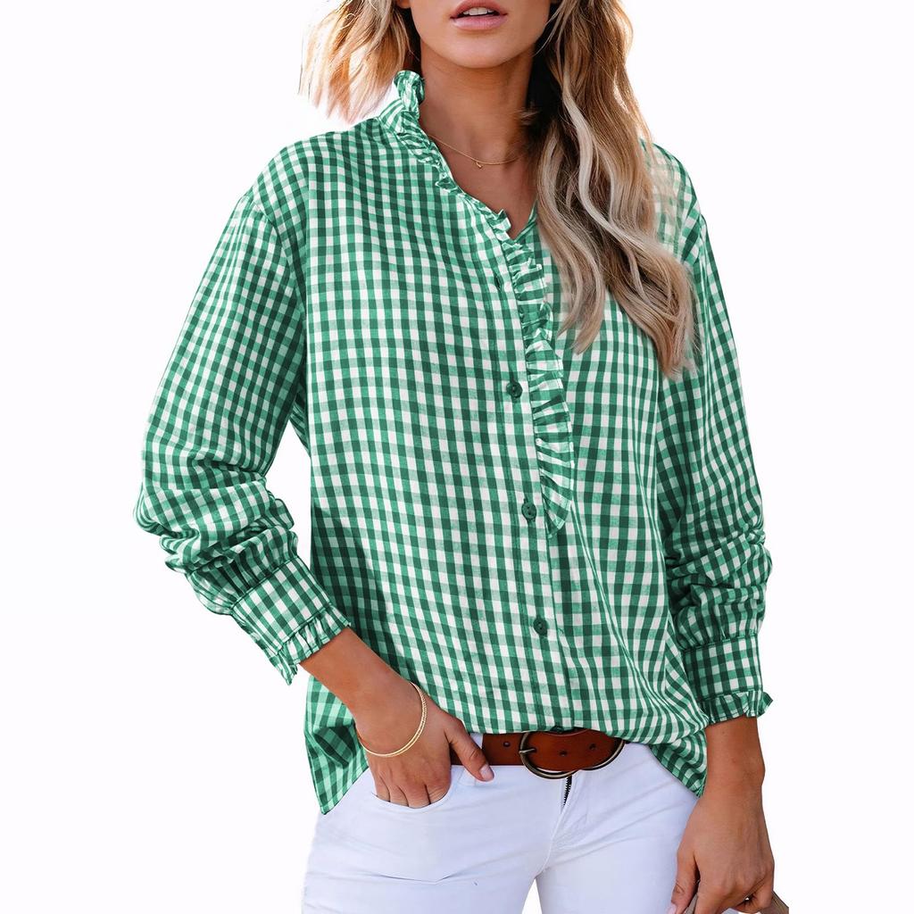 Women's Casual Fashion Plaid Ruffled Loose V-neck Shirt