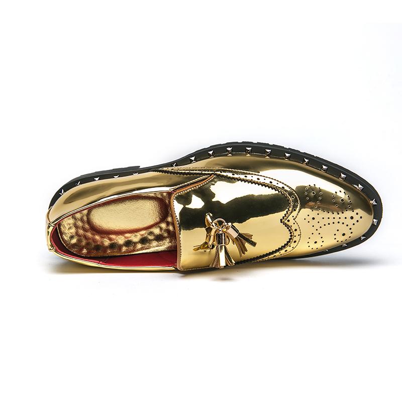 Men's Gold Tasseled Loafers Gold Dress Wingtip Shoes Stylish Leather Prom Blazers Dance Disco Party Shoes Large Size