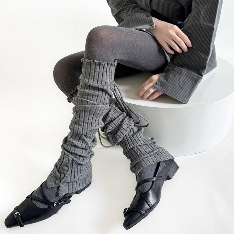 Ribbed Knit Thigh High Footless Long Socks with Button Detail Split Designs Over Knee Leg Warmers for Dance Enthusiasts