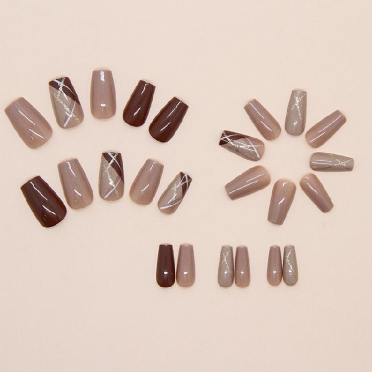 24 Pcs Grid Stick On Nail Glossy False Nail Ballerinas Press On Nail Glittering Artificial Acrylic Nail