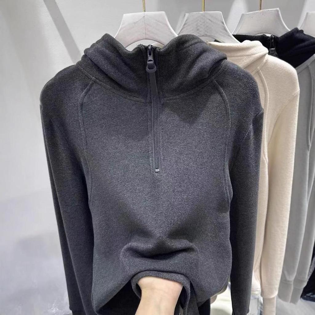 2024 Autumn/Winter Chic Solid Color Hooded Zipper Sweatshirt with Long Sleeves