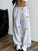 Women's Plus Size Wide Leg Pants Blue and White Striped Floral Print Loose Fit High Waisted Casual Sports Pants