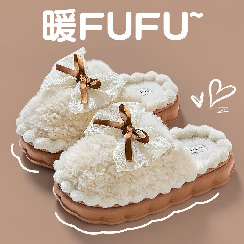 Bow cotton slippers women's confinement winter warm non-slip indoor home new fluffy slippers winter