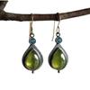San Jie Retro Green Gemstone Water Drop Earrings - European & American Style