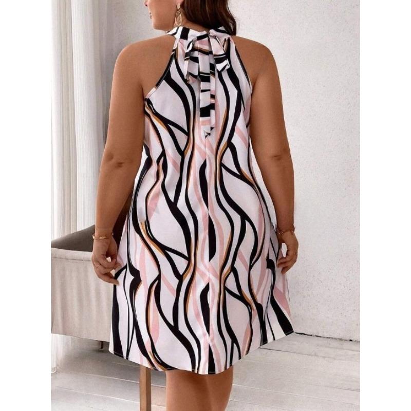 Women Fashion V Neck Sleeveless Striped Print Summer Beach Midi Dress