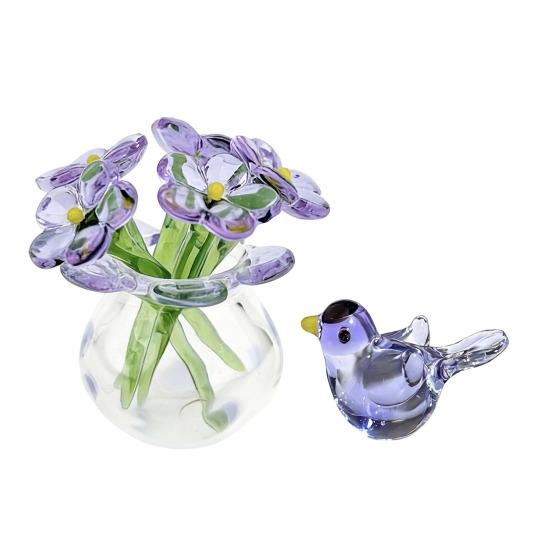 Niedliche Mini-Figur Blume aus Kunstkristall, mundgeblasenes Glas-Bouquet, Sammlerstück, kleines Blumenvasen-Ornament mit Biene/Vogel für Heim- und Büro-Tischdekoration