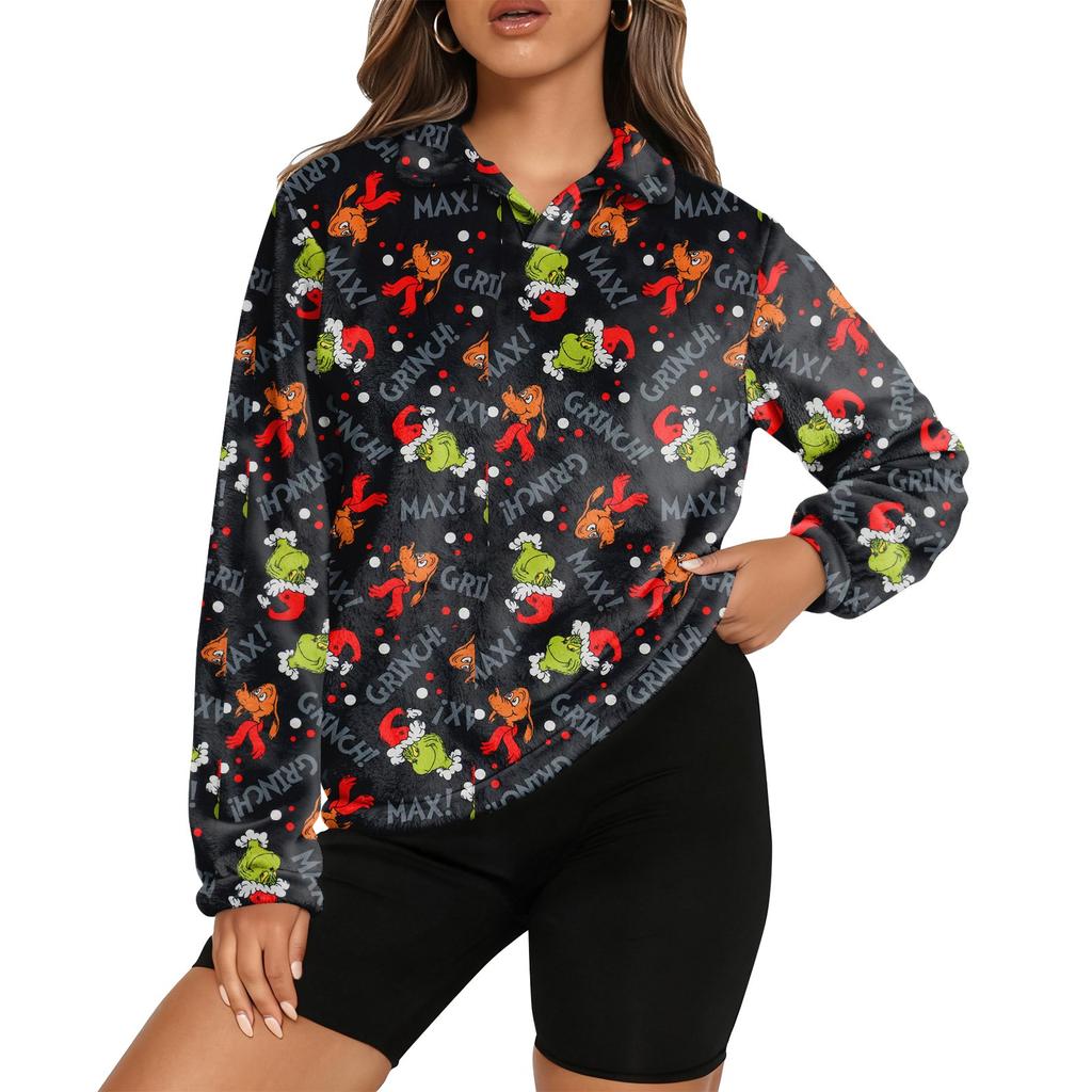Women's Stand Collar Pullover Long Sleeve Top Christmas Print Sports Top