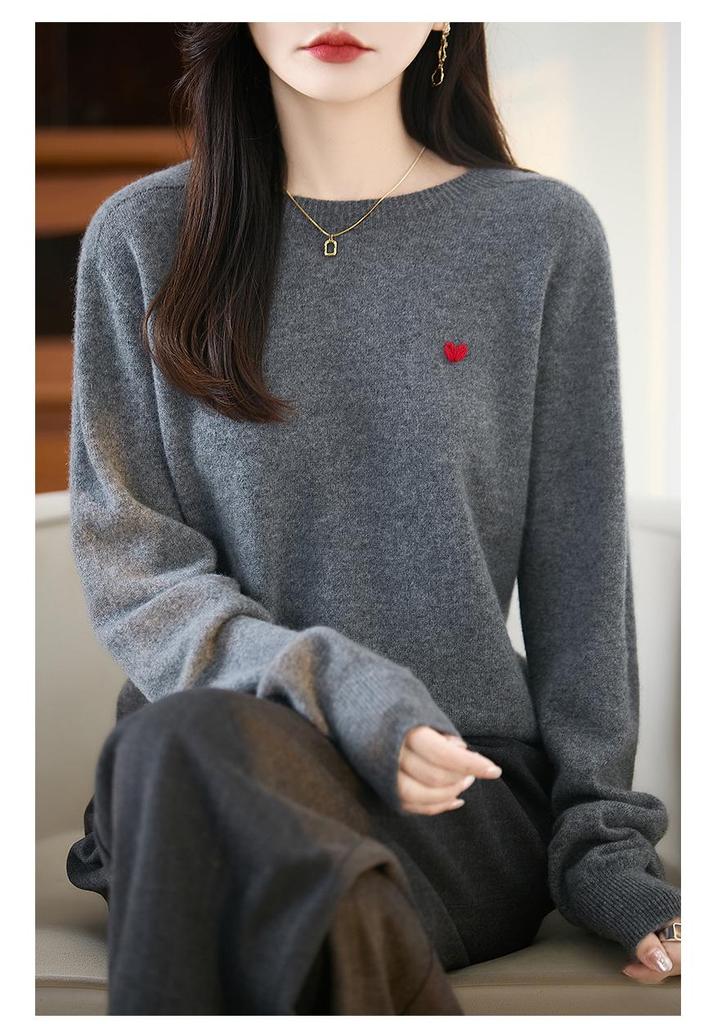 Heart Embroidery Pure Wool Round Neck Pullover Sweater - Autumn/Winter Collection
