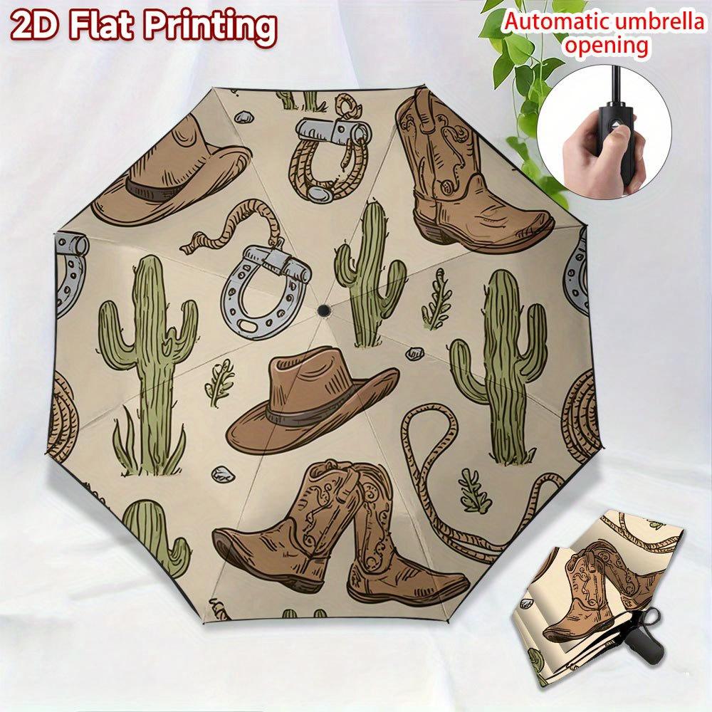 

1pc Western Cowboy Hat & Boots Umbrella - Automatic Open/Close, 8-Rib Sturdy Frame, Compact Travel Umbrella with Cactus & Rope (as the picture,Iron&8K)