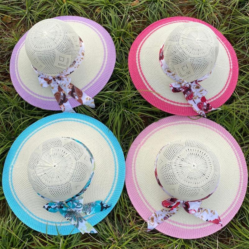 Mesh Vacation Bow Ribbon Straw Hat Ladies Color Sunscreen Breathable Big Brim Sweet Sun Hat