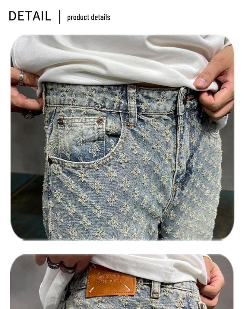 Winter Retro High Street Men's Full Print Jacquard Loose Straight-Leg Jeans