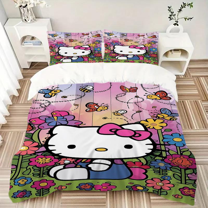 3pcs Flowers and Butterflies Hello Kitty Pattern Bedding Three-Piece Set (1 Cover + 2 Pillowcases, No Fillings), Soft and Comfortable S021