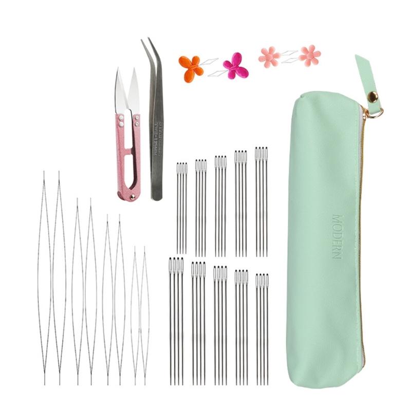 Beading Needle Set, Long Straight Beading Needle Thimble Needle Threader and Storage Bag for Bracelet Jewelry Making 1