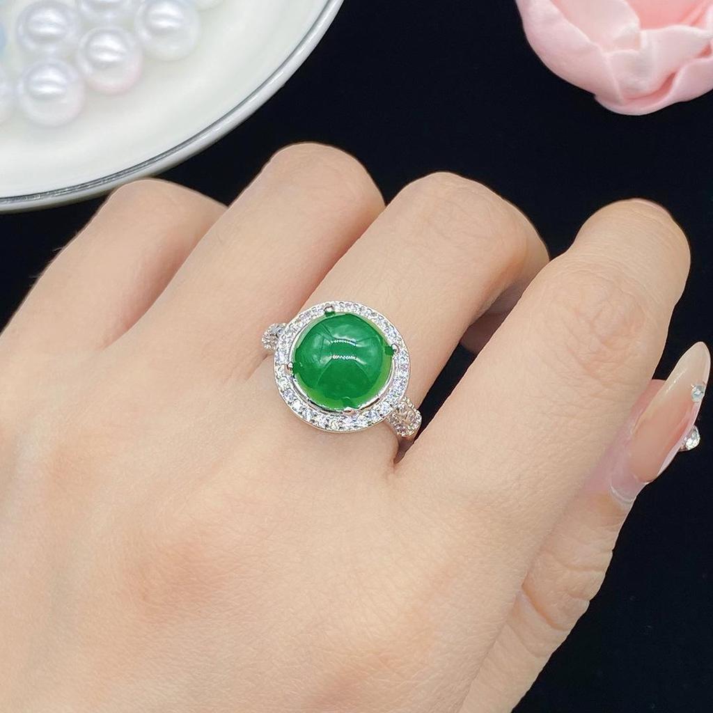 Popular Simulated Natural Ice Chalcedony Jasper & Diamond Open Ring for Women