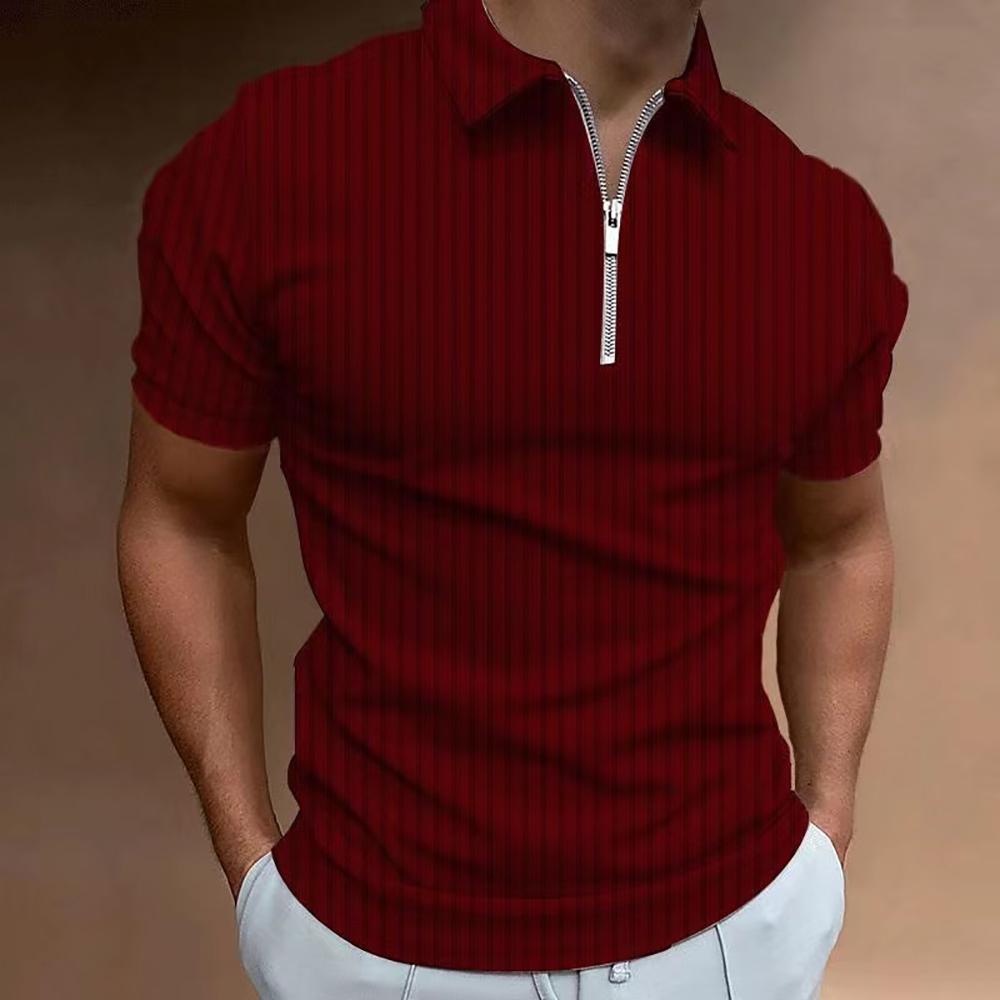 Men Striped Golf Shirt with Quarter Zipper Lapel Casual Holiday Short Sleeved T-shirt Fashionable Basic Style Regular Fit Shirt