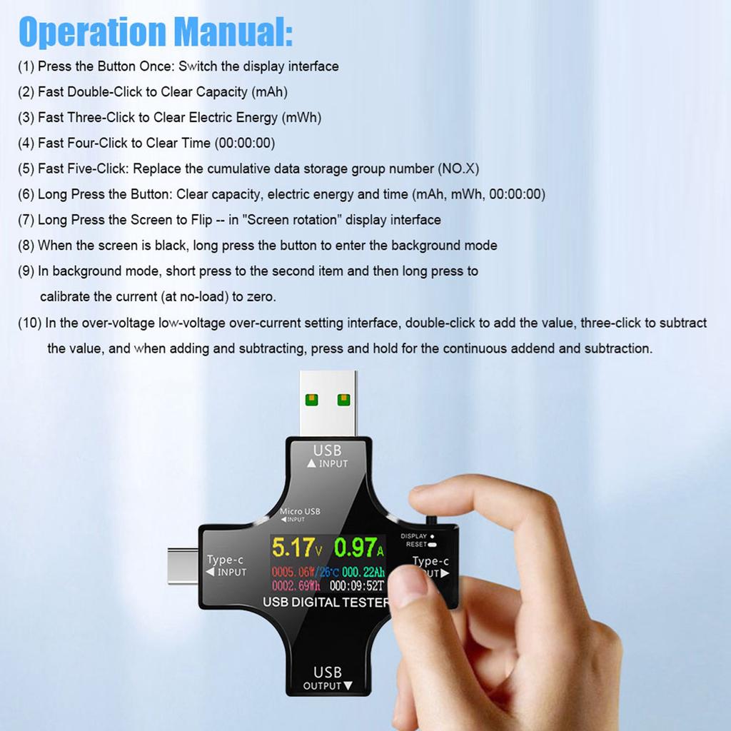 2-in-1-USB-C-Tester mit IPS-LCD-Farbdisplay, USB-Voltmeter, Amperemeter, Strom- und Spannungsmesser sowie Bluetooth-Verbindung und App-Anbindung