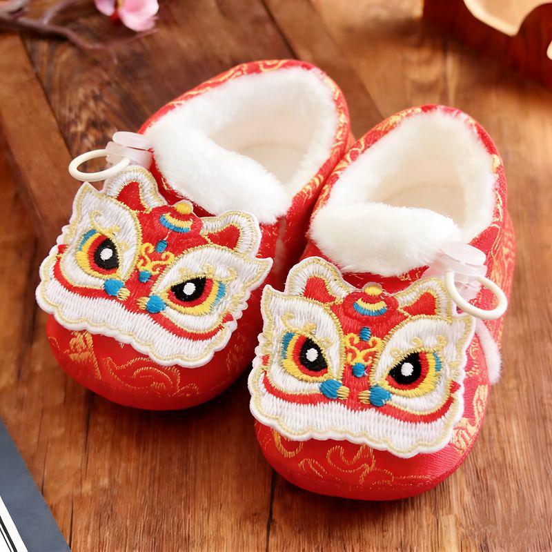 Tiger Head Baby Shoes: Red National Style, Velvet-Lined, Warm, Ideal for 100 Days to One Year Old