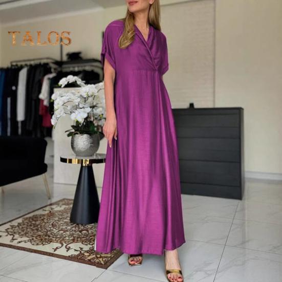 Frühlingskleid für Damen, V-Ausschnitt, kurze Ärmel, lockere A-Linie, reine Farbe, knöchellang, Maxikleid, plissiert, für Abschlussball, Party, Dating