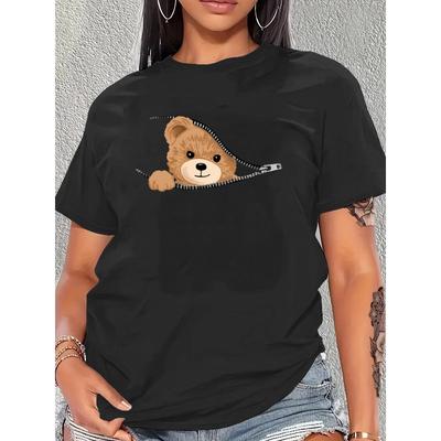 Europäische Größe Damen Kurzarm-T-Shirt mit süßem Reißverschluss-Bär zum Durchschauen - Versteckter Gesichtsaufdruck, Lässiges Rundhals-T-Shirt, - Geschenk für Tierliebhaber