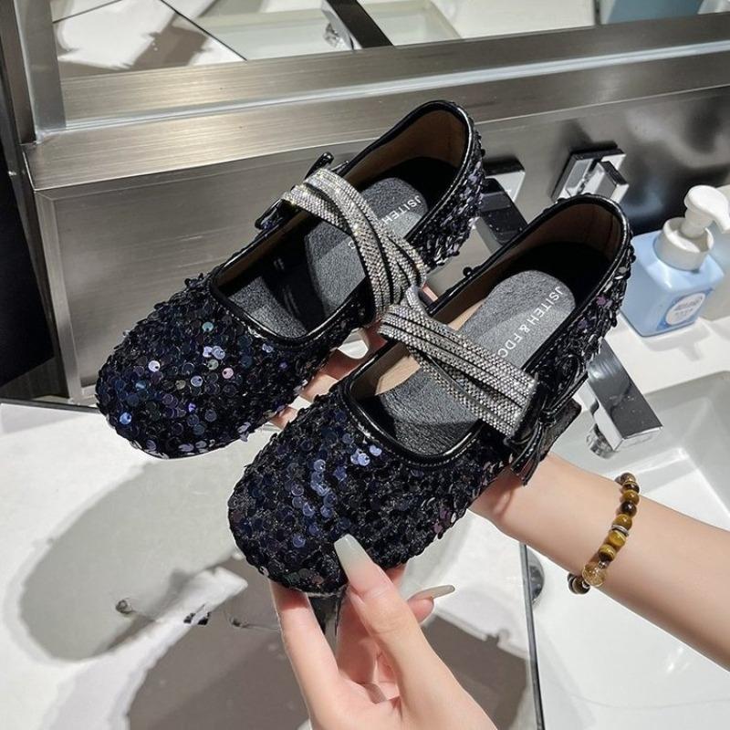 Fashion French Inside Heightened Sequin Mary Jane Shoes Women 2025 New Fall Bow One Strap Soft Sole Shoes