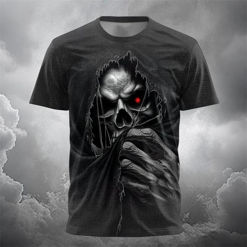 Men's Casual Round-Neck Short-Sleeve T-Shirt Trendy Men's Top with Flame and Skull Print  Shirt for Holiday Parties