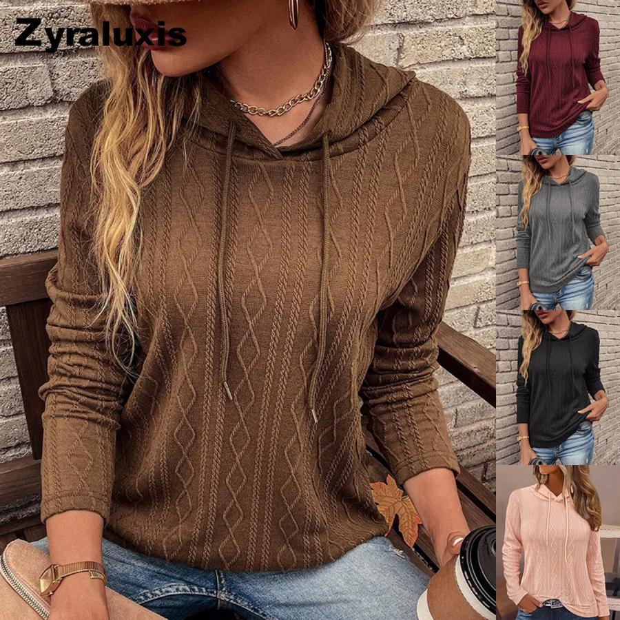 Women s Knit Sweater Long Sleeve Hoodie Solid Color S темно-коричневого