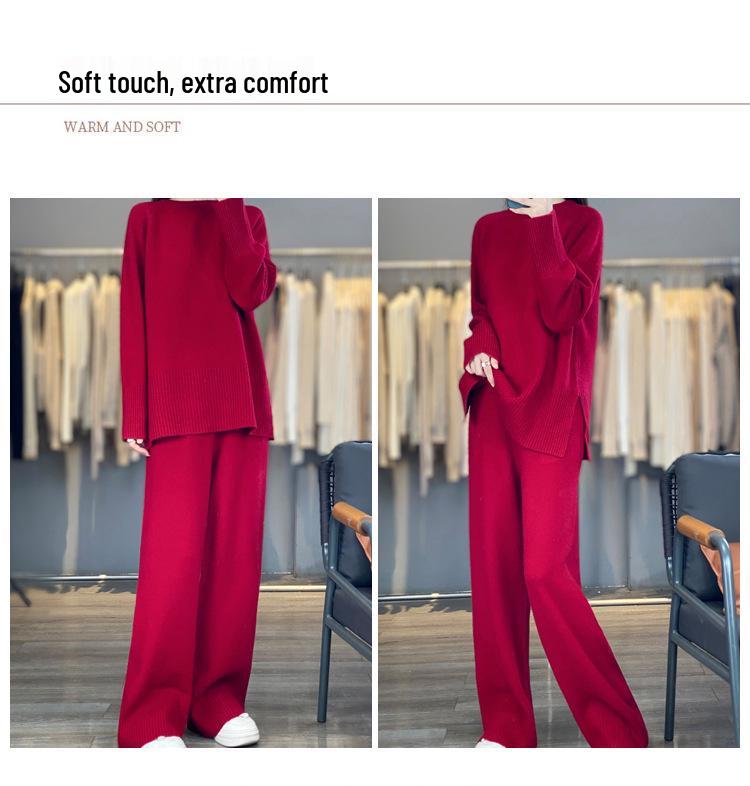 Autumn/Winter Cashmere Knitwear: Thick Long Sweater & Loose Wide-Leg Pants Two-Piece Set