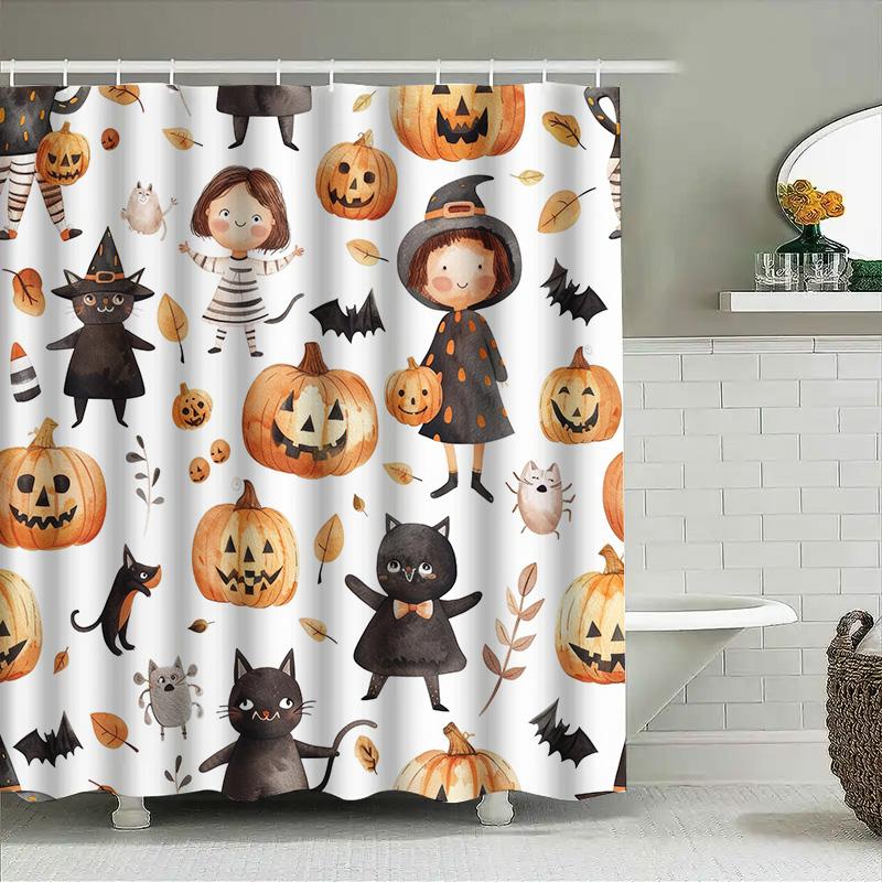 Halloween-Themed Bathroom Shower Curtain Featuring Cute Illustrations Of Cats, Pumpkins, And Witches Watercolor Design For Kids