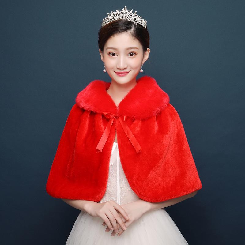 Korean Wedding Fur Shawl: Autumn/Winter Bridal Cape, Fashionable and Warm In White or Red