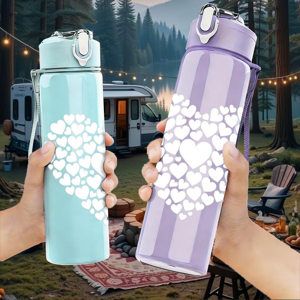 1PC Plain White Hollow Heart Line Print 750ml Color Plastic Sports Water Bottle Leakproof Flip Straw Lid Suitable for Sports Office Home Use