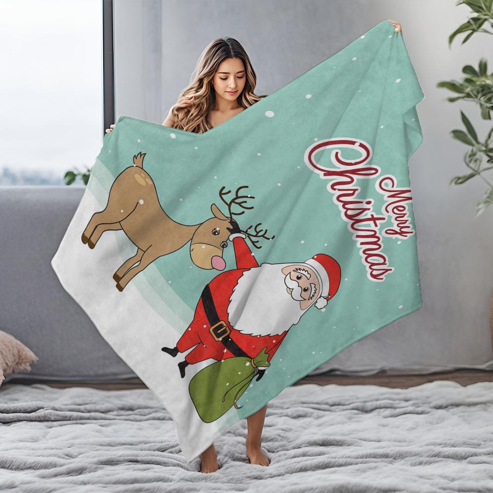 Festive Santa Claus Throw Blanket Merry Christmas Reindeer Cozy Home Decor Gift Holiday Season Warm Fleece Bedding