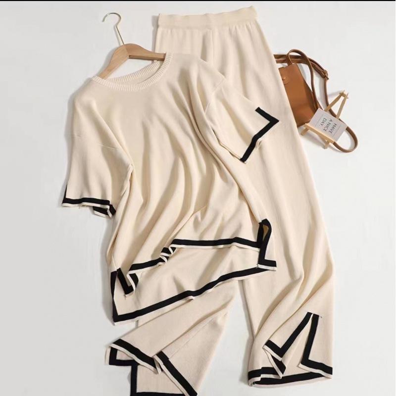 Women's Loose Two Piece Outfit Set Short Sleeve Knit Top Elastic Waist Wide Leg Pants Loungewear