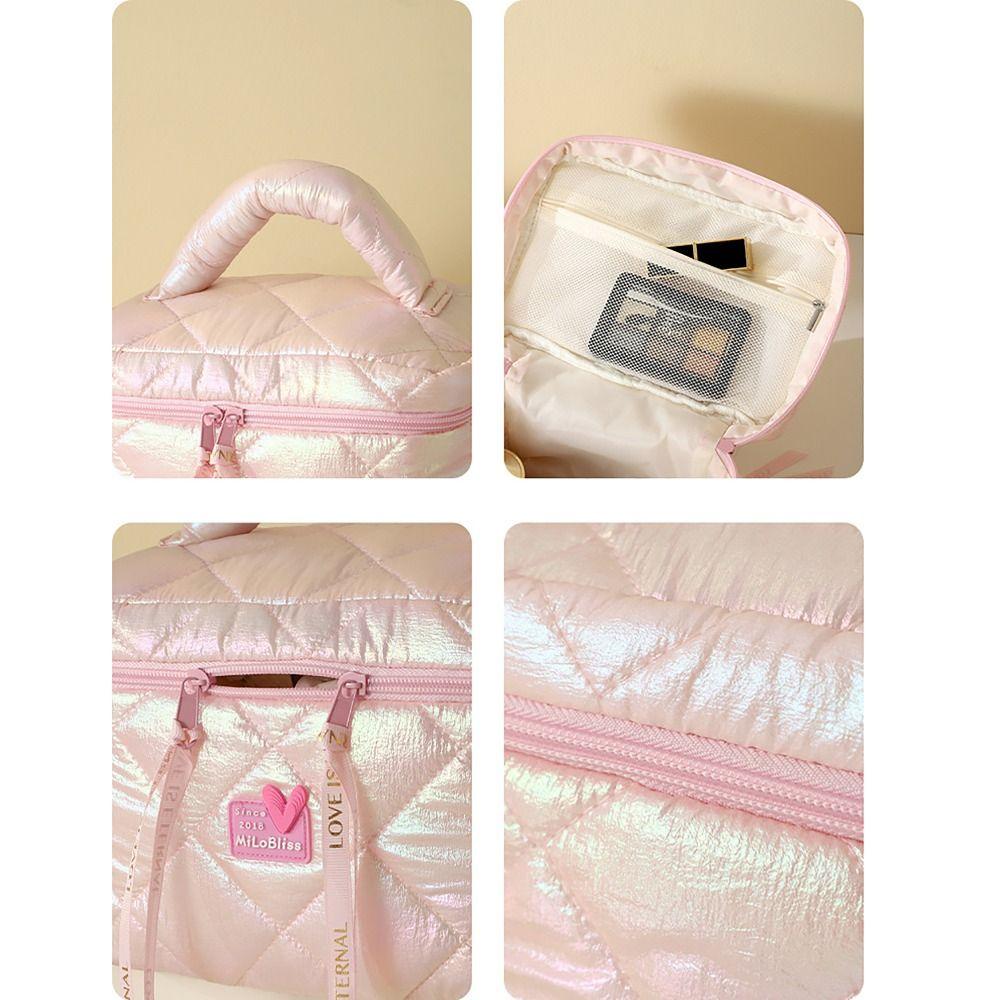 Wide Open Quilted Makeup Bag Large Capacity Zipper Handle Travel Toiletry Cosmetic Bag Ladies Makeup Storage Bags
