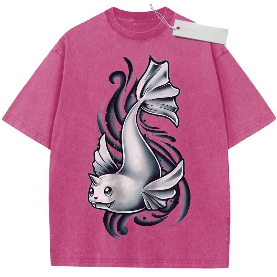 Unisex Washed Black Vintage T Shirt Catfish High Quality Fabric for Home Leisure Travel Shopping