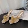 2025 summer new flower rhinestone mesh sandals thin heel open-toed cool slippers light gold banquet high heels women