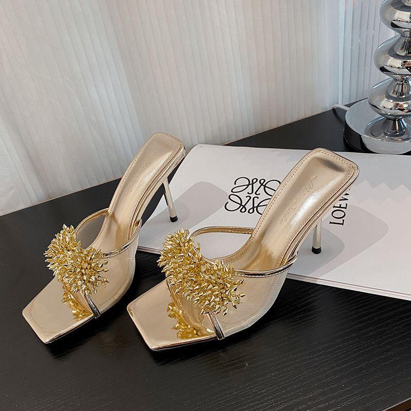 2025 summer new flower rhinestone mesh sandals thin heel open-toed cool slippers light gold banquet high heels women
