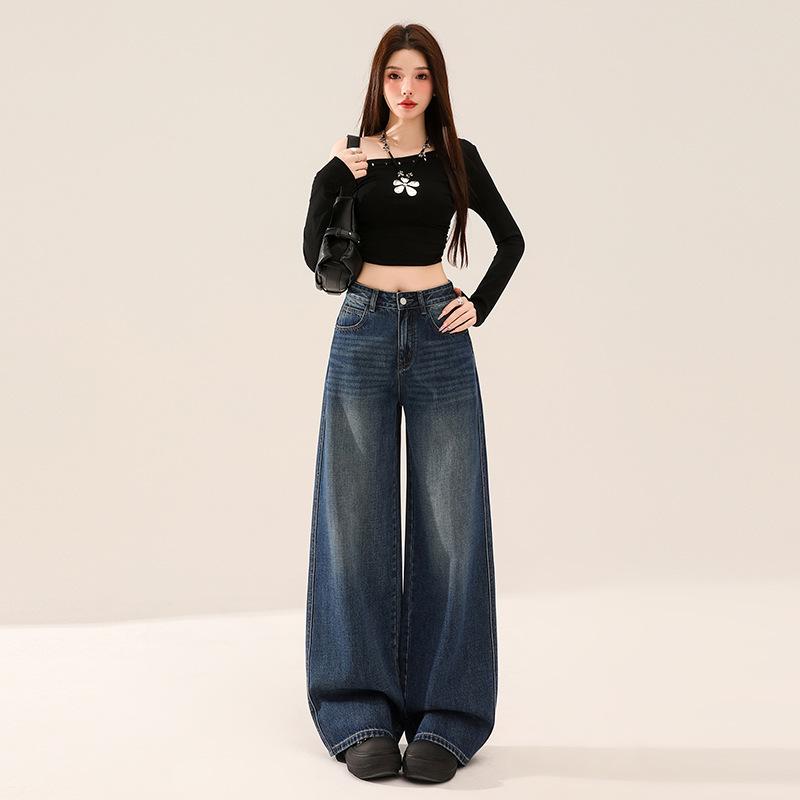 Retro Street American Back Bag Flip Design Jeans Women's New Loose High Waist Versatile Mopping Wide Leg Pants Tide