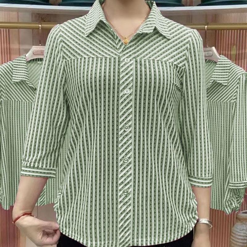 Fashion Lapel Button Spliced Printed Striped Shirts Women's Clothing Autumn Loose Commuter Tops Casual Chiffon Blouses