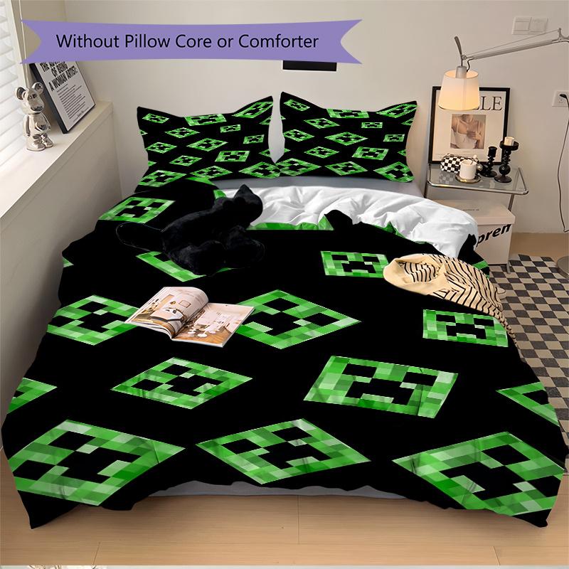 3pcs Minecraft Creeper Face Home Bedding Set-Universal Three-Piece Suit for Bedroom, Guest Room, Living Room, Hotel-Perfect Gift for Fans, T