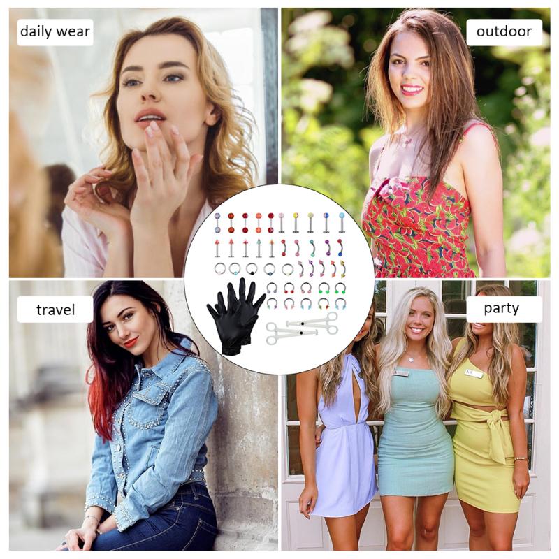 RUI RUI YU Colorful Piercing Kit Stainless Steel Lip Stud Belly Ring Nose Ring Body Piercing Tools Body Jewelry