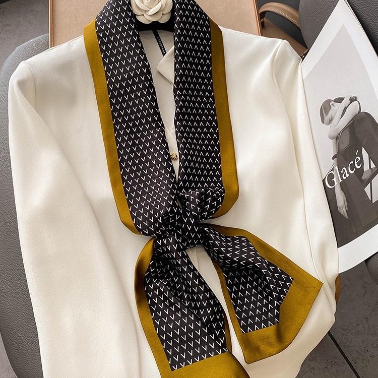 Long Silk Scarf Women's New Small Silk Scarf Printing Simulation Silk Tied Bag Streamer Explosion Sweet Little Scarf