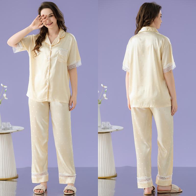 Cute And Simple Polka Dot Printed Pajamas Women'S Summer Cool Ice Silk Loungewear Short Sleeves And Trousers Can Be Worn Outside