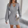 Autumn Winter Sexy Cross V Neck Batswing Sleeve Solid Color Wrap Hip Woolen Dress