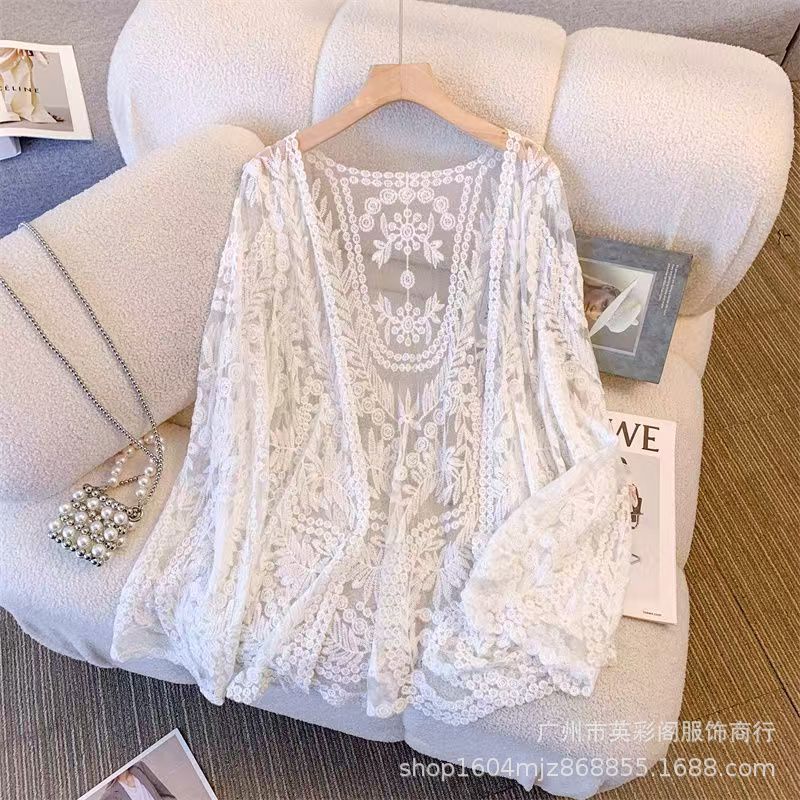 Seaside Retro Vacation Style Sunscreen Knitted Cardigan Women's Summer Hollow Crochet Loose Casual Niche Chic Top
