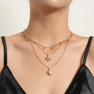Nouveaux Colliers Pendentifs Multi-couches en Cristal Style Bohème Vintage pour Femmes Luxe Couleur Dorée Chaînes Choker Lune Croix Étoile Bijoux de Fête